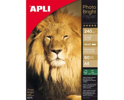 Apli Pack de 60 Hojas de Papel Fotografico Photobright A4 240g/m² - Acabado Brillante