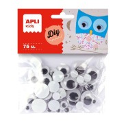 Apli Pack de 75 Ojos Moviles Redondos - Medidas Surtidas Ø 8 mm, Ø 10 mm, Ø 16 mm y Ø 20 mm - Color Negro