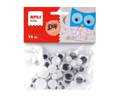 Apli Pack de 75 Ojos Moviles Redondos - Medidas Surtidas Ø 8 mm, Ø 10 mm, Ø 16 mm y Ø 20 mm - Color Negro