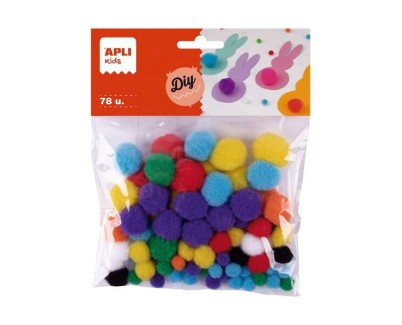 Apli Pack de 78 pompones medidas surtidas: &Oslash; 8 mm, &Oslash; 10 mm, &Oslash; 12 mm, &Oslash; 15 mm y &Oslash; 20 mm  colores surtidos
