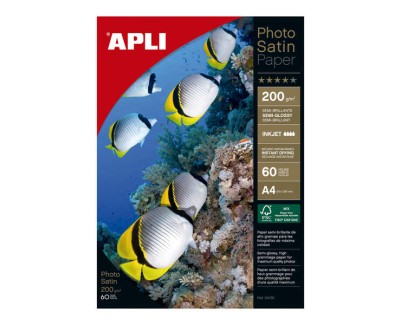 Apli Photosatin Pack de 60 Hojas de Papel Fotografico A4 200gr - Acabado Semibrillante - Apto para Impresoras Inkjet