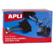 Apli Pinzas Abatibles 30x51mm - Acero Templado Negro - Asas Niquel - 12 Unidades - Sujecion Hasta 220 Hojas