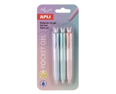 Apli Pocket Gel Blister de 3 Mini Boligrafos de Tinta Gel Retractiles - Tinta Color Azul - Cuerpo de Diferentes Colores Pastel