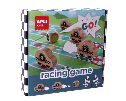 Apli Racing Game Juego de Mesa - Tablero Despegable - 4 Piezas de Madera con Forma de Coche - Dado de Colores - Enseña a Respetar las Reglas - Colorido