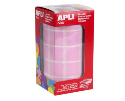 Apli Rollo con 1.770 Gomets Cuadrados 20x20mm - 59 Hojas Pretroqueladas - Ideal para Escuelas y Talleres Infantiles - Normas EN-71 y FSC - Adhesivo Base Agua - Color Rosa