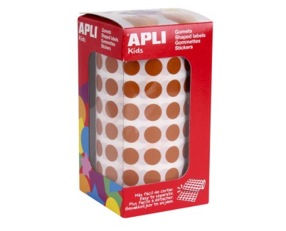 Apli Rollo con 5.192 Gomets Redondos &Oslash; 10.5mm - Ideal para Escuelas y Talleres Infantiles - Adhesivo Permanente Base Agua - Normas EN-71 y FSC - Color Marron