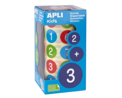 Apli Rollo de 900 Gomets Redondos con Numeros &Oslash; 20 mm - Adhesivo Removible Base Agua - Fomenta Aprendizaje - Libre de Disolventes - Colores Surtidos