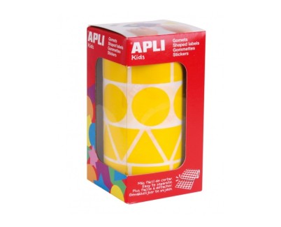 Apli Rollo de Gomets con Formas Surtidas - Adhesivo Permanente - 1.357 Gomets - Fomenta Psicomotricidad y Creatividad - Adhesivo Base Agua - Color Amarillo