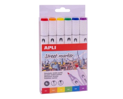 Apli Street Markers Rotuladores de Doble Punta - Puntas de 1mm y 6mm - Tinta de Base Alcohol - Multifuncionales para Dibujar, Pintar y Colorear - Pack Surtido de 6 Colores