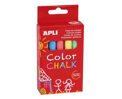 Apli Tizas Redondas de Colores Surtidos - Pack de 10 Tizas de Ø 9 x 80mm - sin Polvo - Ideales para Escribir, Dibujar y Colorear en Pizarras y Pavimentos - Aptas para Uso Escolar