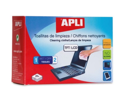Apli Toallitas de Limpieza para Equipos Electronicos - Propiedades Antiestaticas - Incluye 20 Sobres con Toallita Humeda y Seca - sin Alcohol