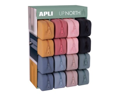 Apli Up North Expositor de 16 Estuches de Silicona Rectangular - Cremallera Repelente al Agua - Medidas 75x185x55mm - Colores Surtidos