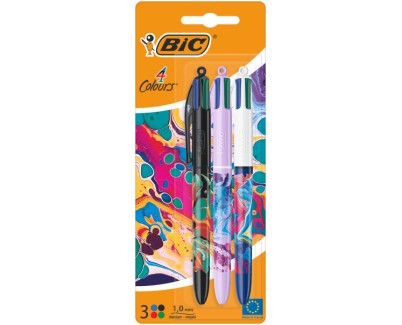 Bic 4 Colours Decors Hydro Pack de 3 Boligrafos de Bola Retractil - Punta Media de 1.0mm - Tinta con Base de Aceite - 4 Colores