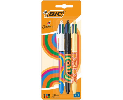 Bic 4 Colours Decors Pack de 3 Boligrafos de Bola Retractil - Punta Media de 1.0mm - Tinta con Base de Aceite - 4 Colores