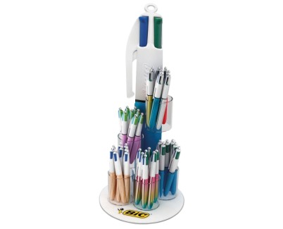 Bic 4 Colours Expositor de 60 Boligrafos de Bola Retractiles + 100 Boligrafos Bic Cristal Azul de Regalo - Punta Media de 1.0mm - Tinta con Base de Aceite - 4 Colores - Dise&ntilde;os Surtidos