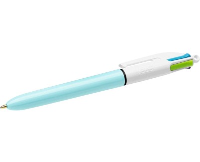 Bic 4 Colours Fun Boligrafo de Bola Retractil - Punta Media de 1.0mm - Tinta con Base de Aceite - Tinta de Colores: Rosa, Morado, Turquesa y Verde Lima - Cuerpo Azul Claro/Blanco