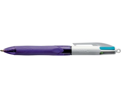 Bic 4 Colours Grip Fashion Boligrafo Retractil con Grip - Punta Media de 1mm - Trazo de 0.4mm - Tinta con Base de Aceite - Cuerpo Blanco/Morado Transparente - Colores Tinta Violeta, Rosa, Azul y Verde