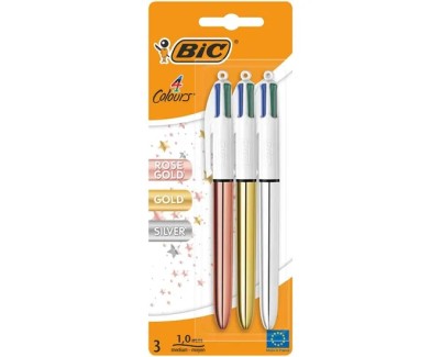 Bic 4 Colours Pack de 3 Boligrafos de Bola Retractil - Punta de 1mm - Trazo de 0.4mm - Tinta con Base de Aceite - Cuerpo Oro, Plata y Oro Rosa