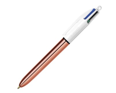 Bic 4 Colours Rose Gold Boligrafo de Bola Retractil - Punta Media de 1.0 mm - Tinta con Base de Aceite - Cuerpo Rosa Metalizado/Blanco