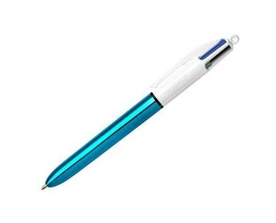 Bic 4 Colours Shine Boligrafo de Bola Retractil - Punta de 1mm - Trazo de 0.4mm - Tinta con Base de Aceite - Cuerpo Azul Metalizado/Blanco - 4 Colores