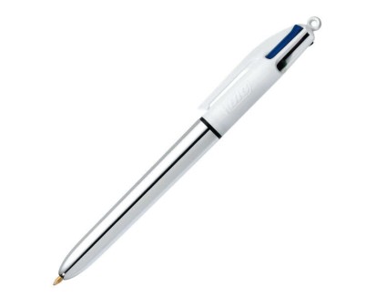 Bic 4 Colours Shine Boligrafo de Bola Retractil - Punta de 1mm - Trazo de 0.4mm - Tinta con Base de Aceite - Cuerpo Plata/Blanco - 4 Colores