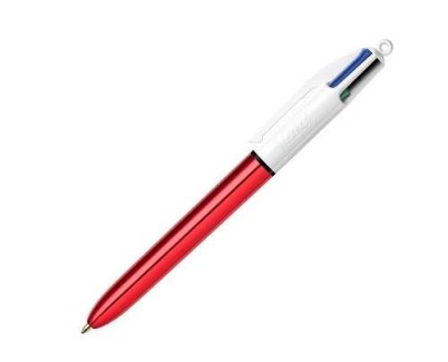Bic 4 Colours Shine Boligrafo de Bola Retractil - Punta de 1mm - Trazo de 0.4mm - Tinta con Base de Aceite - Cuerpo Rojo Metalizado/Blanco - 4 Colores