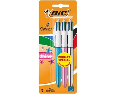 Bic 4 Colours Shine Pack de 3 Boligrafos de Bola Retractil - Punta de 1mm - Trazo de 0.4mm - Tinta con Base de Aceite - Cuerpo Oro/Blanco - 4 Colores