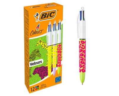 Bic 4 Colours Velours Boligrafo de Bola Retractil - Punta Media de 1.0mm - Tinta con Base de Aceite - Cuerpo con Relieve Suave al Tacto - 4 Colores de Tinta
