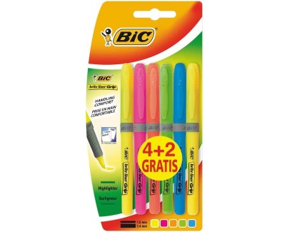 Bic Brit Liner Grip 4+2 Pack de 6 Marcadores Fluorescentes - Tinta con Base de Agua - Punta Biselada - Trazo entre 1.60 y 3.30mm - Colores Surtidos