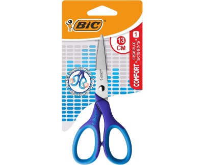 Bic Comfort Tijera Escolar de Acero Inoxidable 13cm - Mango Suave - Uso Diestro - Colores Surtidos Aleatorio