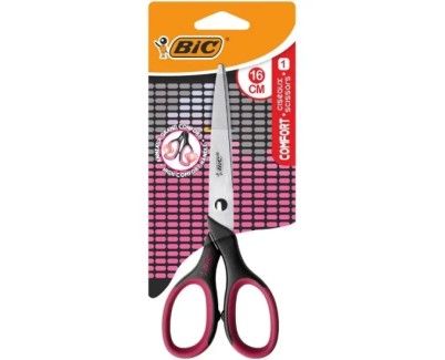 Bic Comfort Tijera Escolar de Acero Inoxidable 16cm - Mango Suave - Uso Diestro - Colores Surtidos Aleatorio