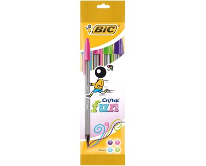 Bic Cristal Fun Pack de 4 Boligrafos de Bola - Punta Redonda de 1.6mm - Trazo 0.42mm - Tinta con Base de Aceite - Colores Surtidos