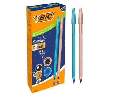 Bic Cristal Glace Pack con 20 Boligrafos de Bola - Cuerpo Opaco en Color Azul Metalizado Mate y Cobre Mate - Punta Redonda de 1mm - Trazo 0.4mm - Tinta con Base de Aceite - Color de la Tinta 10x Azul, 10x Negro
