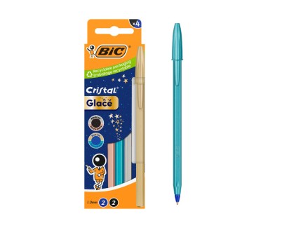 Bic Cristal Glace Pack con 4 Boligrafos de Bola - Cuerpo Opaco en Colores Metalizados Mate - Punta Redonda de 1mm - Trazo 0.4mm - Tinta con Base de Aceite - Color de la Tinta Azul y Negro
