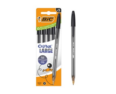 Bic Cristal Large Pack de 5 Boligrafos de Bola - Punta Redonda de 1.6mm - Trazo 0.6mm - Tinta con Base de Aceite - Color Negro