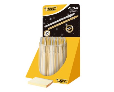 Bic Cristal Linea Celebration Expositor de 40 Boligrafos de Bola con Cuerpo Dorado y Plateado - Punta Media de 1.0mm - Tinta con Base de Aceite - Color Azul