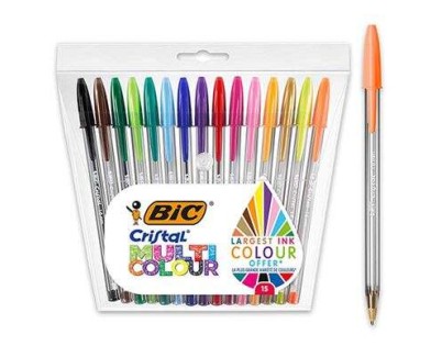 Bic Cristal Multicolour Pack de 15 Boligrafos de Bola - Punta 1.6mm - Trazo 0.42mm - Tinta con Base de Aceite - Colores Surtidos