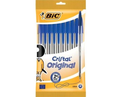 Bic Cristal Original Pack de 10 Boligrafos de Bola - Punta Redonda de 1.0mm - Trazo 0.4mm - Tinta con Base de Aceite - Color Azul