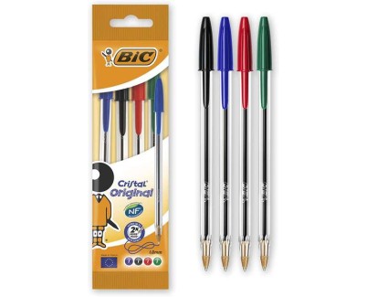 Bic Cristal Original Pack de 4 Boligrafos de Bola - Punta Redonda de 1.0mm - Trazo 0.4mm - Tinta con Base de Aceite - Colores Surtidos