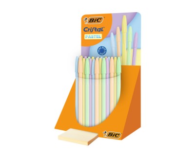 Bic Cristal Pastel Expositor con 40 Boligrafos de Bola - Cuerpo Opaco en Colores Pastel - Punta redonda de 1mm - Trazo 0.4mm - Tinta con Base de Aceite - Color de la Tinta Azul