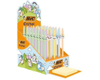 Bic Cristal Pastel Figurines Expositor con 40 Boligrafos de Bola - Cuerpo Opaco en Colores Pastel con Figuras de Animales - Punta Redonda de 1mm - Trazo 0.4mm - Tinta con Base de Aceite - Color de la Tinta Azul