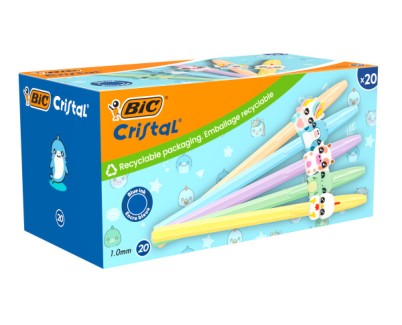 Bic Cristal Pastel Figurines Pack con 20 Boligrafos de Bola - Cuerpo Opaco en Colores Pastel con Figuras de Animales - Punta Redonda de 1mm - Trazo 0.4mm - Tinta con Base de Aceite - Color de la Tinta Azul