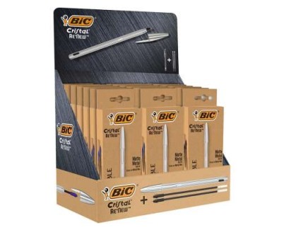 Bic Cristal Re&acute;new Expositor con 21 Packs de Boligrafo de Bola con Cuerpo Metalico + 2 Recambios - Incluye 50 Bic Cristal Azul de Regalo - 15 Tinta Azul y 6 Tinta Negra - Punta Media de 1.0mm - Tinta con Base de Aceite - Color Azul