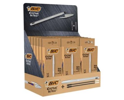 Bic Cristal Re&acute;new Expositor de 21 Boligrafos de Bola con Cuerpo Metalico + 2 Recambios + 50 Bic Cristal Azul de Regalo - 15 Tinta Azul y 6 Tinta Negra - Punta Media de 1.0mm - Tinta con Base de Aceite - Color Azul