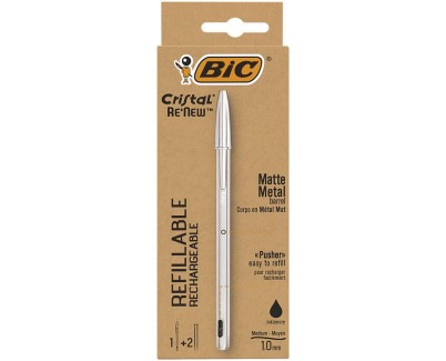 Bic Cristal Re´new Pack de Boligrafo Recargable de Bola + 2 Recambios - Punta Redonda de 1.0mm - Trazo 0.32mm - Tinta con Base de Aceite - Cuerpo Metalico - Color Negro