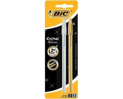 Bic Cristal Shine Pack de 2 Boligrafos de Bola - Punta Media de 1.0mm - Tinta con Base de Aceite - Cuerpo Plateado y Dorado - Color Azul y Negro