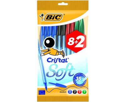 Bic Cristal Soft Pack de 10 Boligrafos de Bola - Punta Media de 1.2mm - Trazo 0.45mm - Escritura mas Fluida - Colores Surtidos