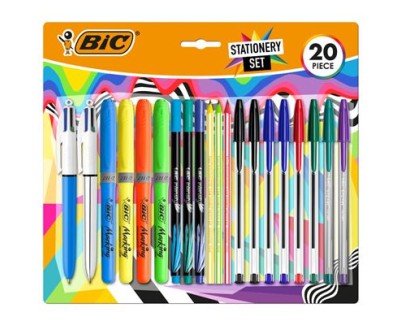 Bic Escritura Multicolor Pack de 20 Piezas Variadas - 6 Bic Cristal Original, 2 Bic Cristal Fun, 2 Bic 4 Colores, 3 Bic Intensity Fine, 4 Bic Highlighter Grip y 3 Bic Evolution Stripes HB