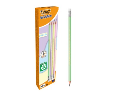 Bic Evolution Pastel Lapiz de Grafito Hexagonal con Goma - Mina HB Ultrarresistente - Sin Madera - No se Astilla - Colores Pastel