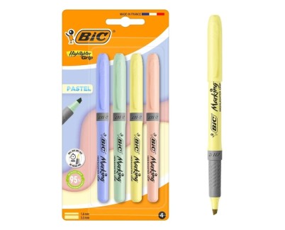 Bic Highlighter Grip Pack con 4 Marcadores Fluorescentes Pastel - Punta Biselada - Trazo entre 1.60 y 3.30 mm - Grip Texturizado - Colores Surtidos